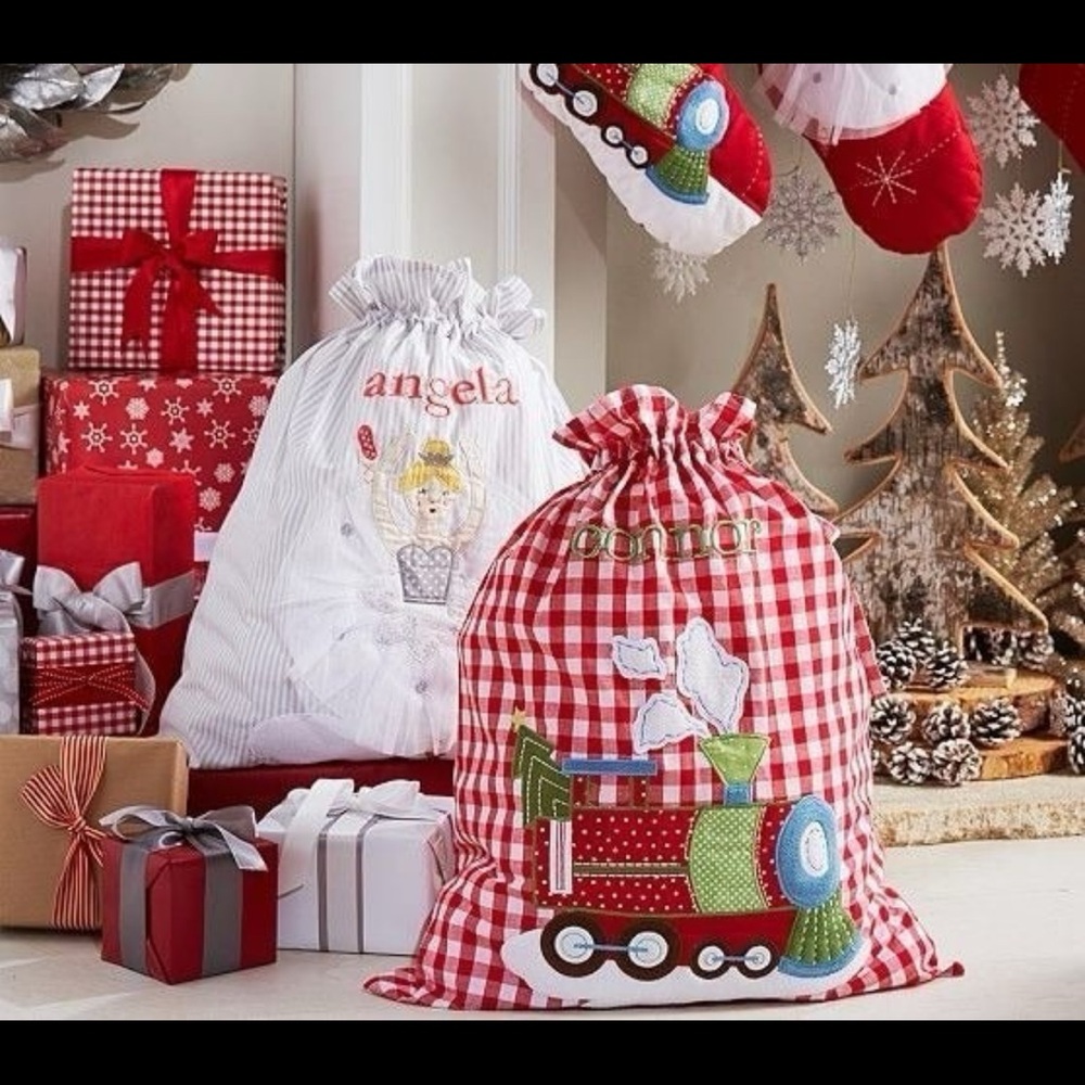 NWOT Pottery Barn Kids Train Gift Sack Santa bag Drawstring 20*24” no mono